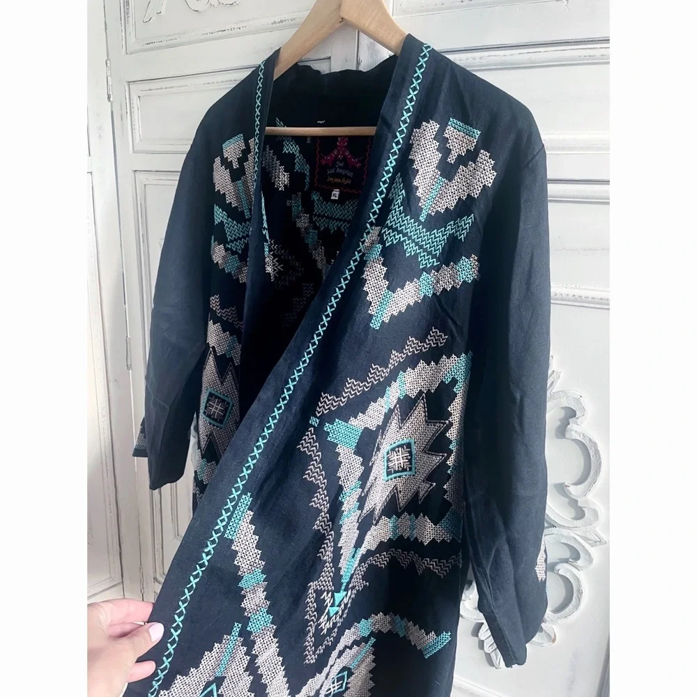 NWOT Johnny Was Linen Embroidered Aztec Kimono Black, Tan & Aqua - Picture 6 of 15